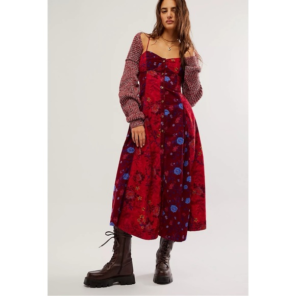 Free People Bohemian Grunge Witchy Corduroy Gail Midi Dress Scarlet Combo Medium - Picture 9 of 15
